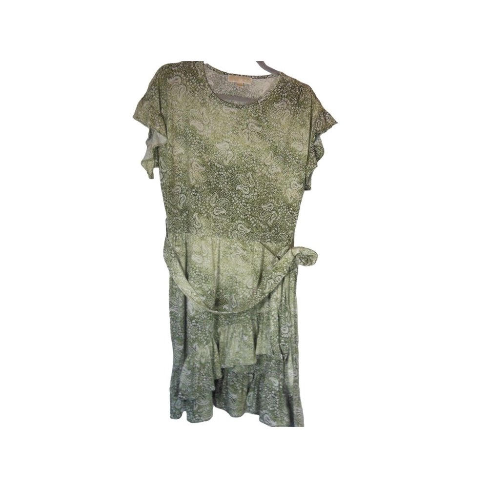 Michael Kors Ruffled Mini Dress size Med.  wrap around belt Green paisley print